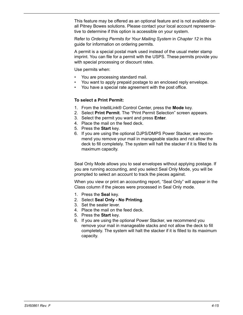 Mode selection: print permit, Mode selection: seal menu | Pitney Bowes DM900 User Manual | Page 47 / 186