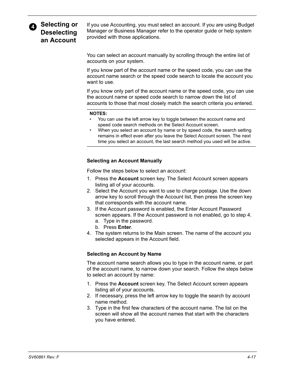 Selecting or deselecting an account, Selecting an account, Selecting an account manually | Selecting an account by name, Selecting or deselecting an account -17 | Pitney Bowes DM900 User Manual | Page 49 / 186