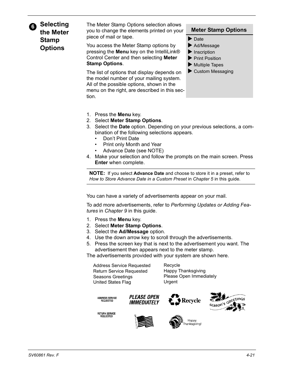 Selecting the meter stamp options, Meter stamp options: date, Meter stamp options: advertisement | Selecting the meter stamp options -21 | Pitney Bowes DM900 User Manual | Page 53 / 186