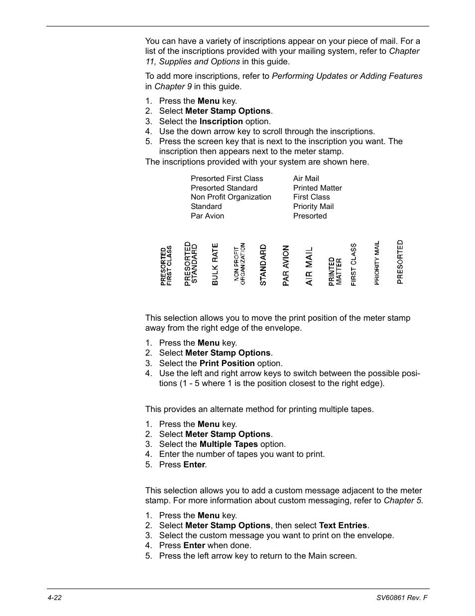 Meter stamp options: inscription, Meter stamp options: print position, Meter stamp options: multiple tapes | Meter stamp options: custom messaging | Pitney Bowes DM900 User Manual | Page 54 / 186