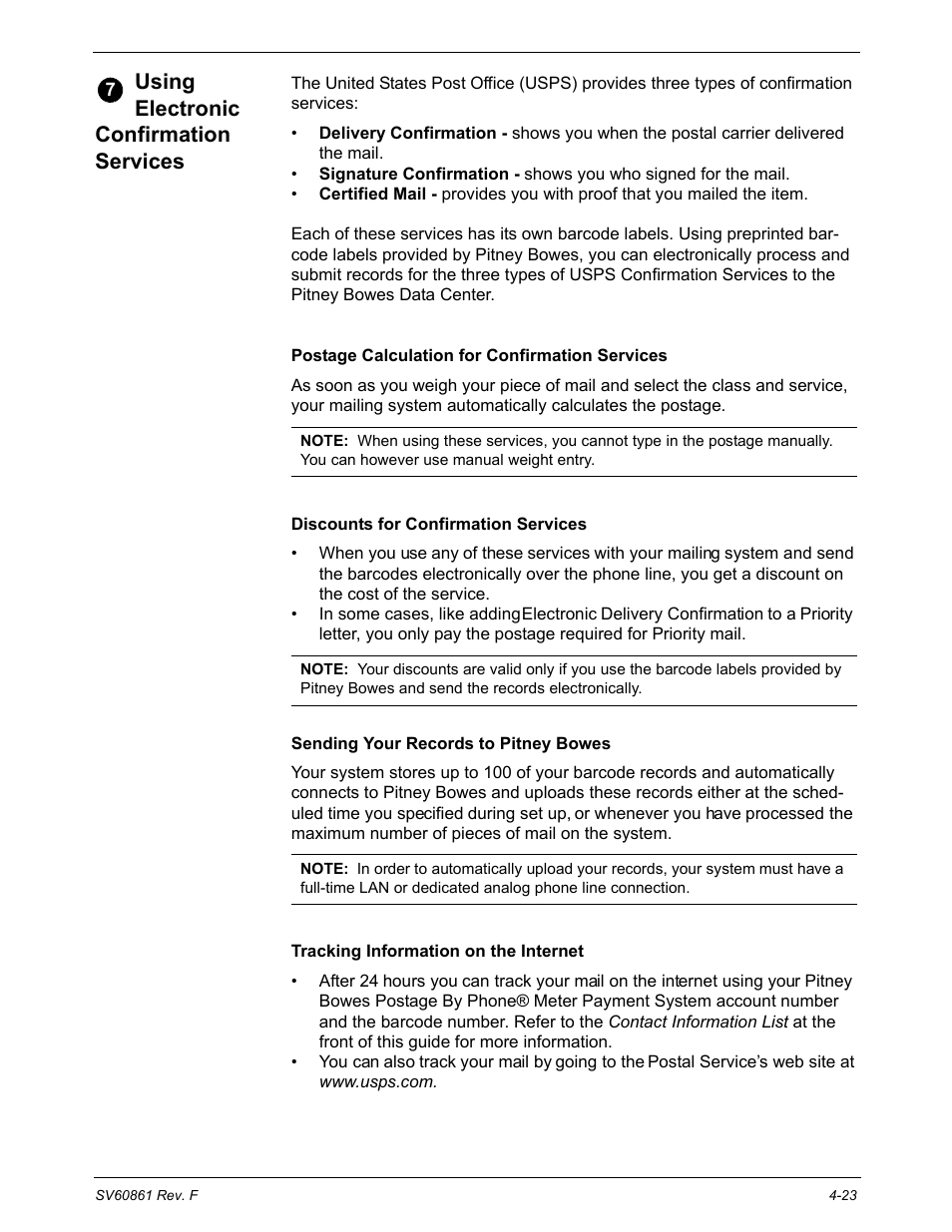Using electronic confirmation services, Overview, Postage calculation for confirmation services | Discounts for confirmation services, Sending your records to pitney bowes, Tracking information on the internet, Using electronic confirmation services -23 | Pitney Bowes DM900 User Manual | Page 55 / 186