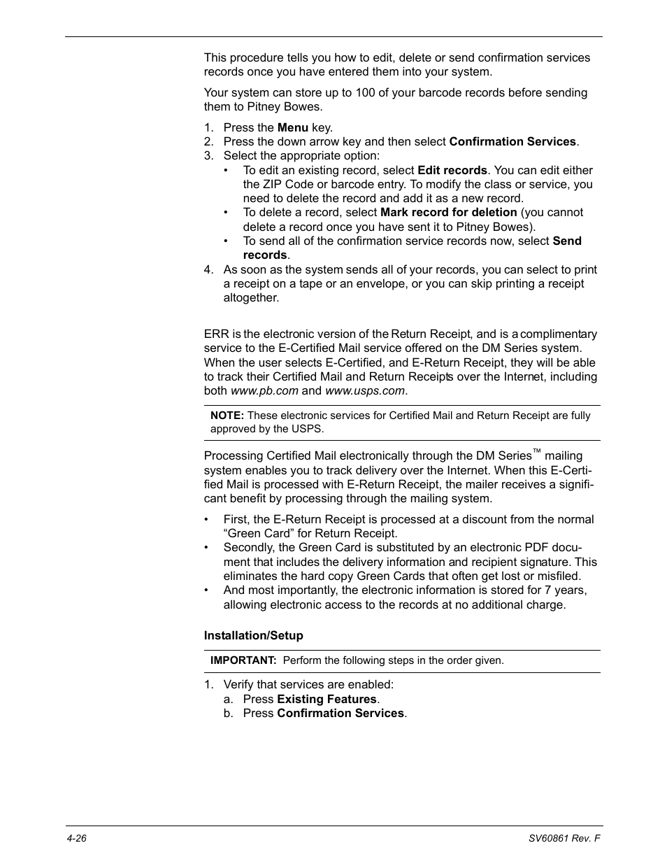 Using electronic return receipt (err), Installation/setup | Pitney Bowes DM900 User Manual | Page 58 / 186