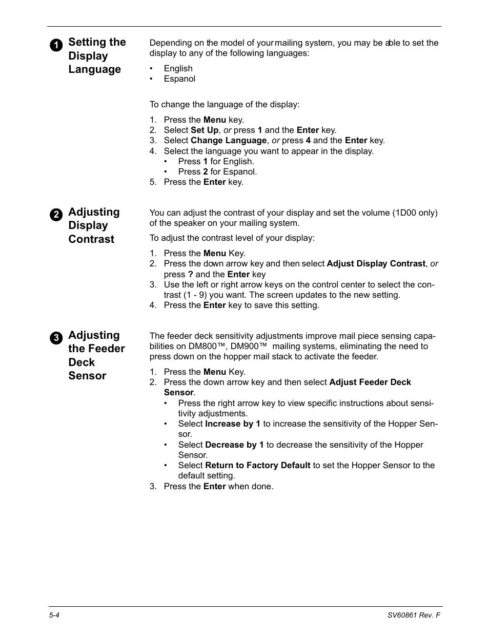 Setting the display language, Adjusting display contrast, Adjusting the feeder deck sensor | Pitney Bowes DM900 User Manual | Page 72 / 186
