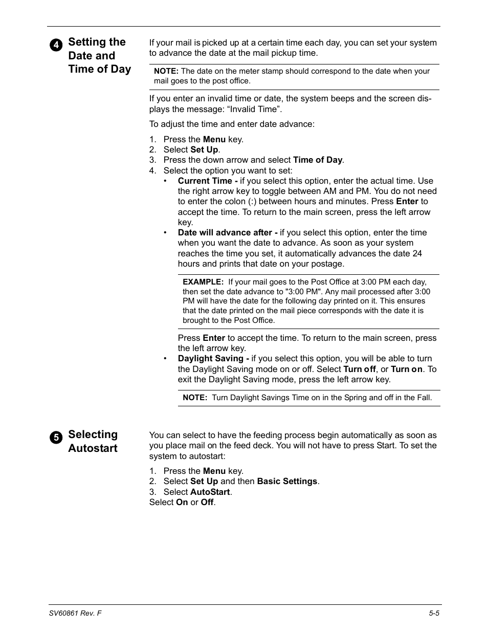Setting the date and time of day, Selecting autostart, Setting the date and time of day -5 | Pitney Bowes DM900 User Manual | Page 73 / 186