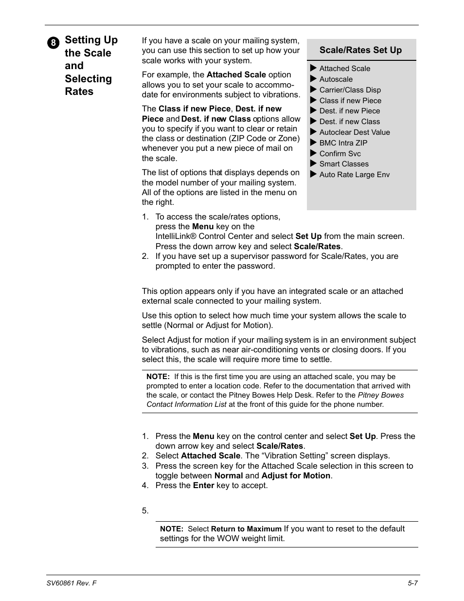 Setting up the scale and selecting rates, Scale/rates: attached scale, Setting up the scale and selecting rates -7 | Pitney Bowes DM900 User Manual | Page 75 / 186