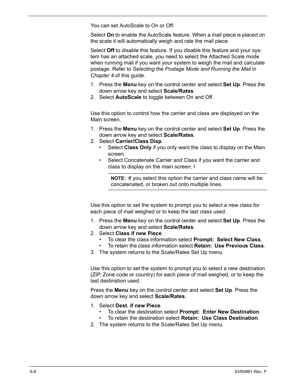 Scale/rates: autoscale, Scale/rates: carrier/class display, Scale/rates: class if new piece | Scale/rates: destination if new piece | Pitney Bowes DM900 User Manual | Page 76 / 186