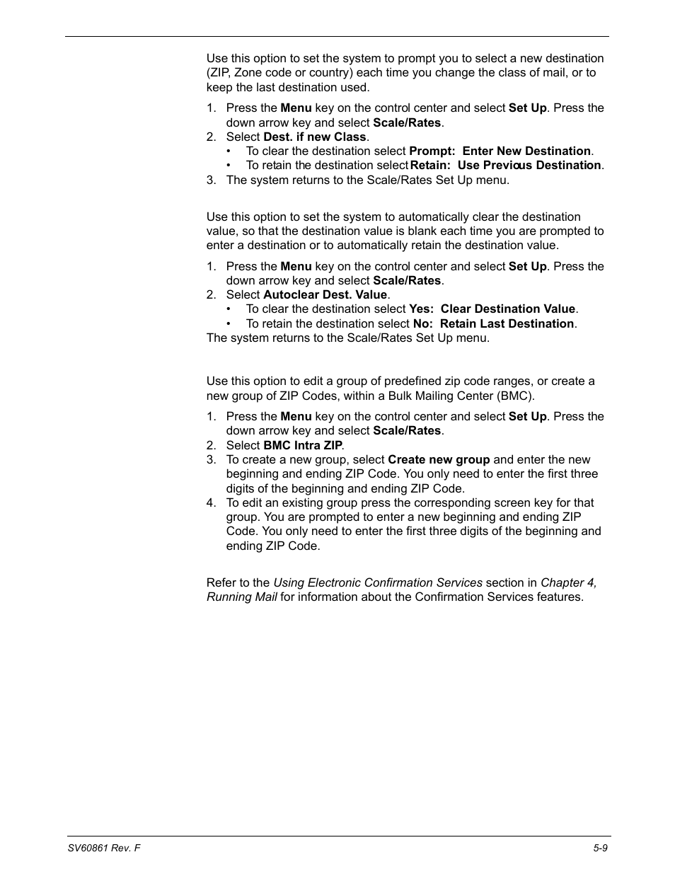 Scale/rates: destination if new class, Scale/rates: autoclear destination value, Scale/rates: bmc intra zip | Scale/rates: confirm svc | Pitney Bowes DM900 User Manual | Page 77 / 186