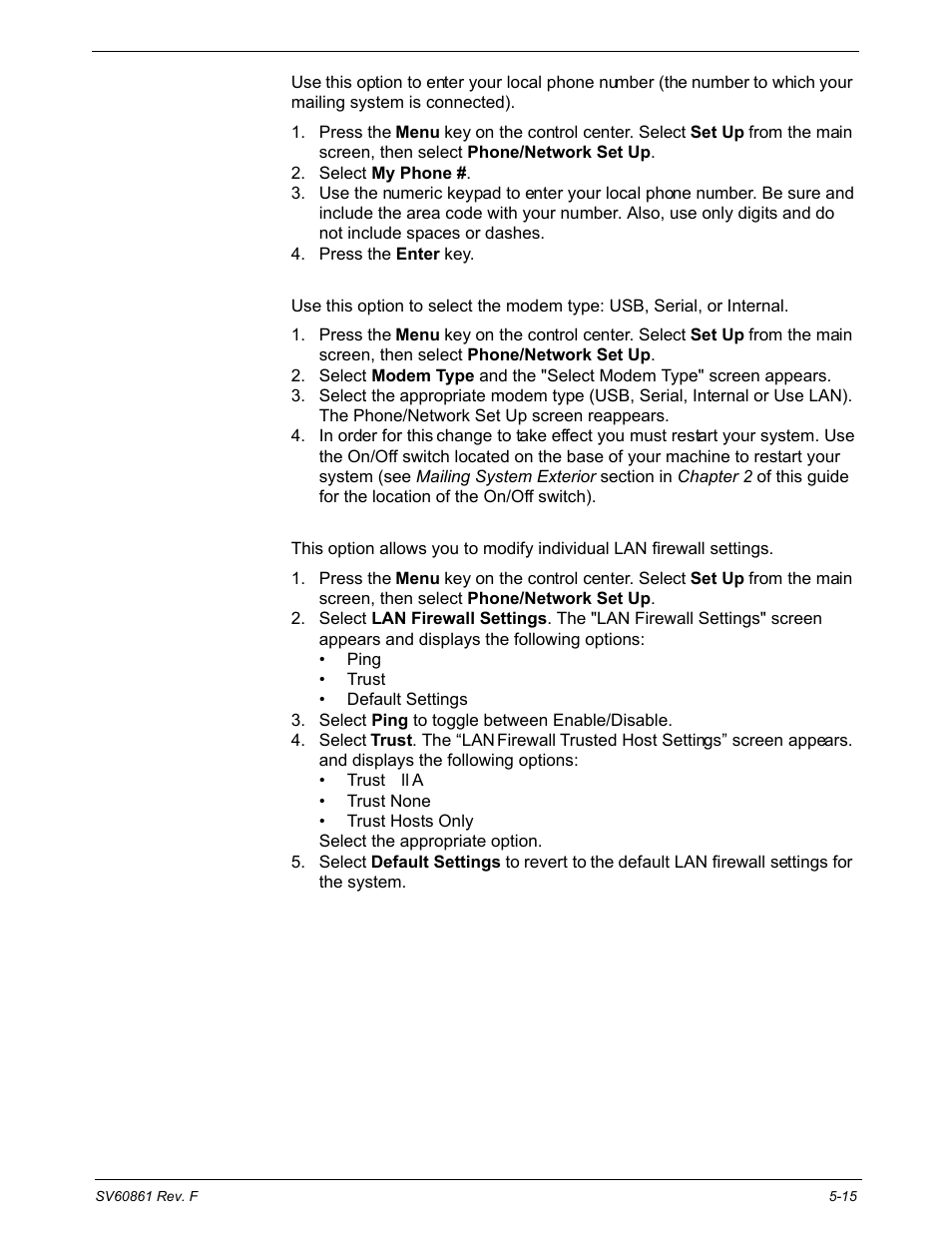 Phone/network set up: my phone, Phone/network set up: modem type, Phone/network set up: use lan firewall settings | Pitney Bowes DM900 User Manual | Page 83 / 186