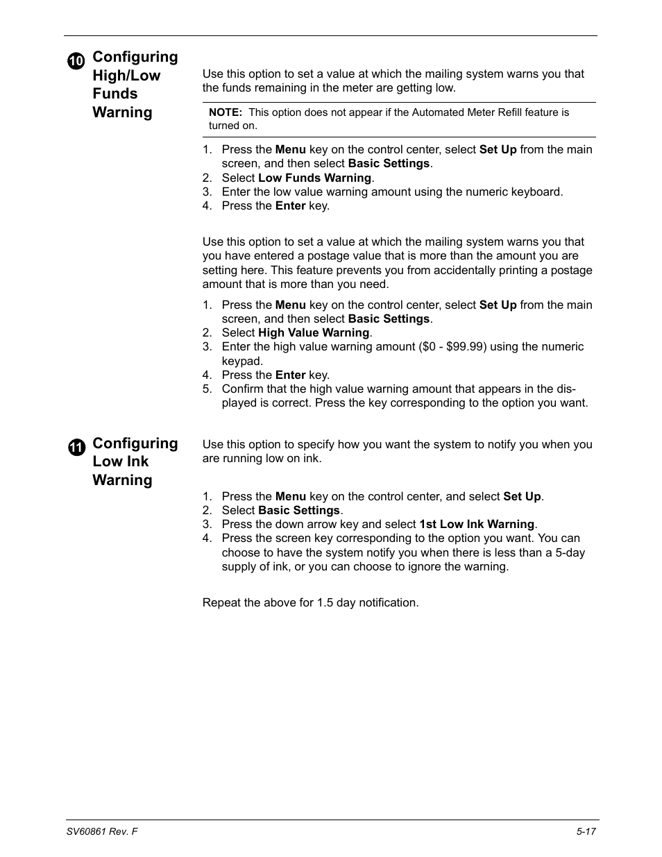 Configuring high/low funds warning, Setting the low funds warning value, Setting the high value warning for key in postage | Configuring low ink warning, 1st low ink warning, 2nd low ink warming | Pitney Bowes DM900 User Manual | Page 85 / 186
