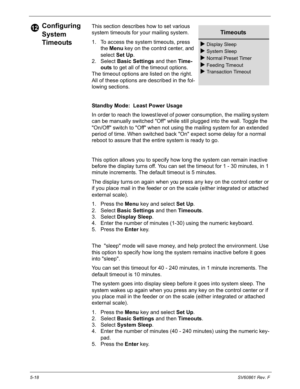 Configuring system timeouts, Standby mode: least power usage, Timeouts: display sleep | Timeouts: sleep, Configuring system timeouts -18 | Pitney Bowes DM900 User Manual | Page 86 / 186