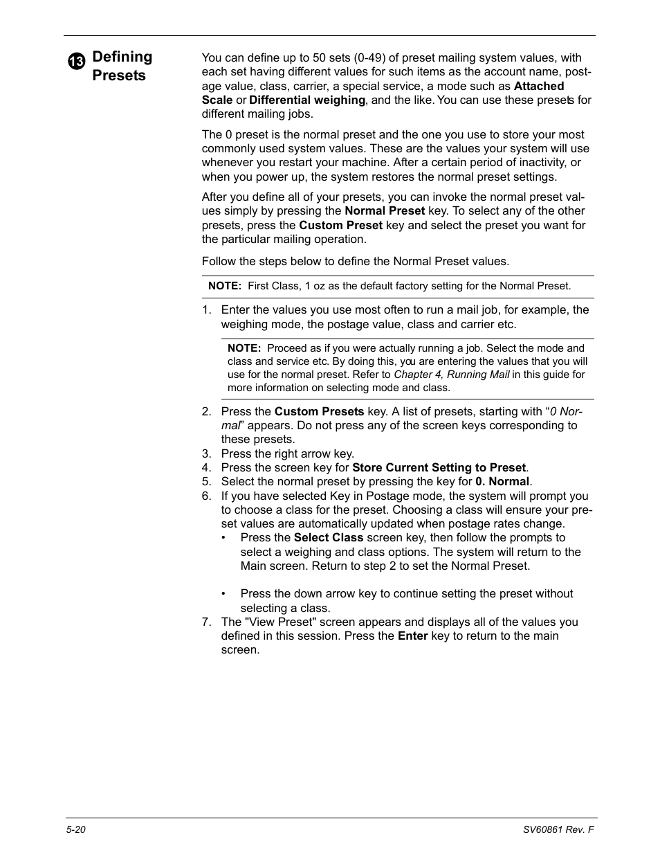 Defining presets, Defining normal preset values, Defining presets -20 | Pitney Bowes DM900 User Manual | Page 88 / 186