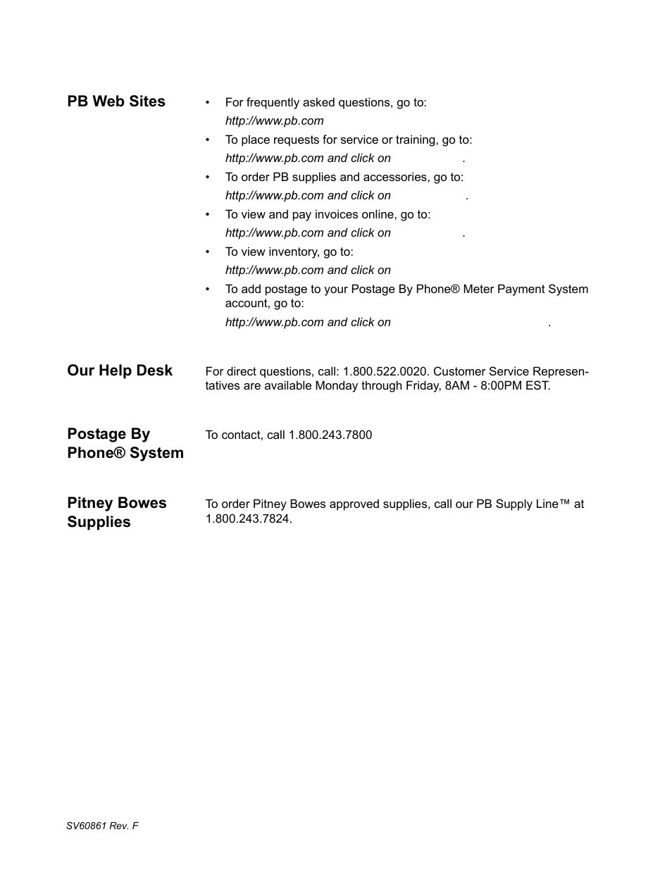 Pb web sites, Our help desk, Postage by phone® system | Pitney bowes supplies, Pitney bowes contact information list | Pitney Bowes DM900 User Manual | Page 9 / 186