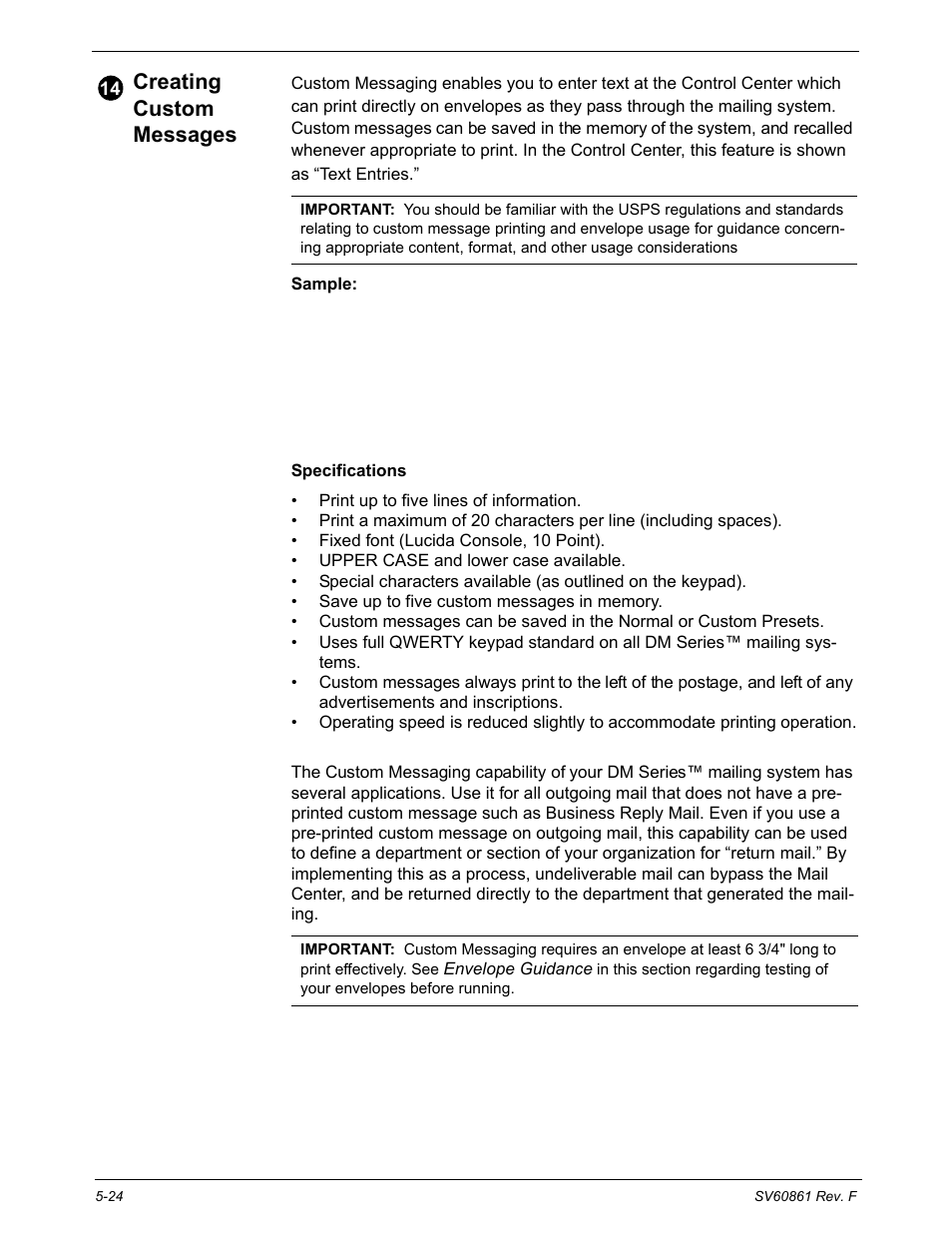 Creating custom messages, Specifications, Creating custom messages -24 | Pitney Bowes DM900 User Manual | Page 92 / 186