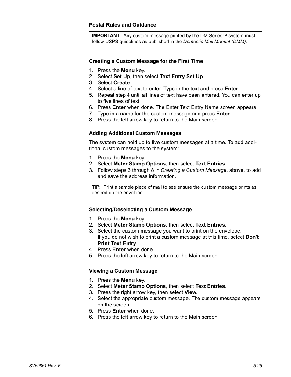 Postal rules and guidance, Creating a custom message for the first time, Adding additional custom messages | Selecting/deselecting a custom message, Viewing a custom message | Pitney Bowes DM900 User Manual | Page 93 / 186