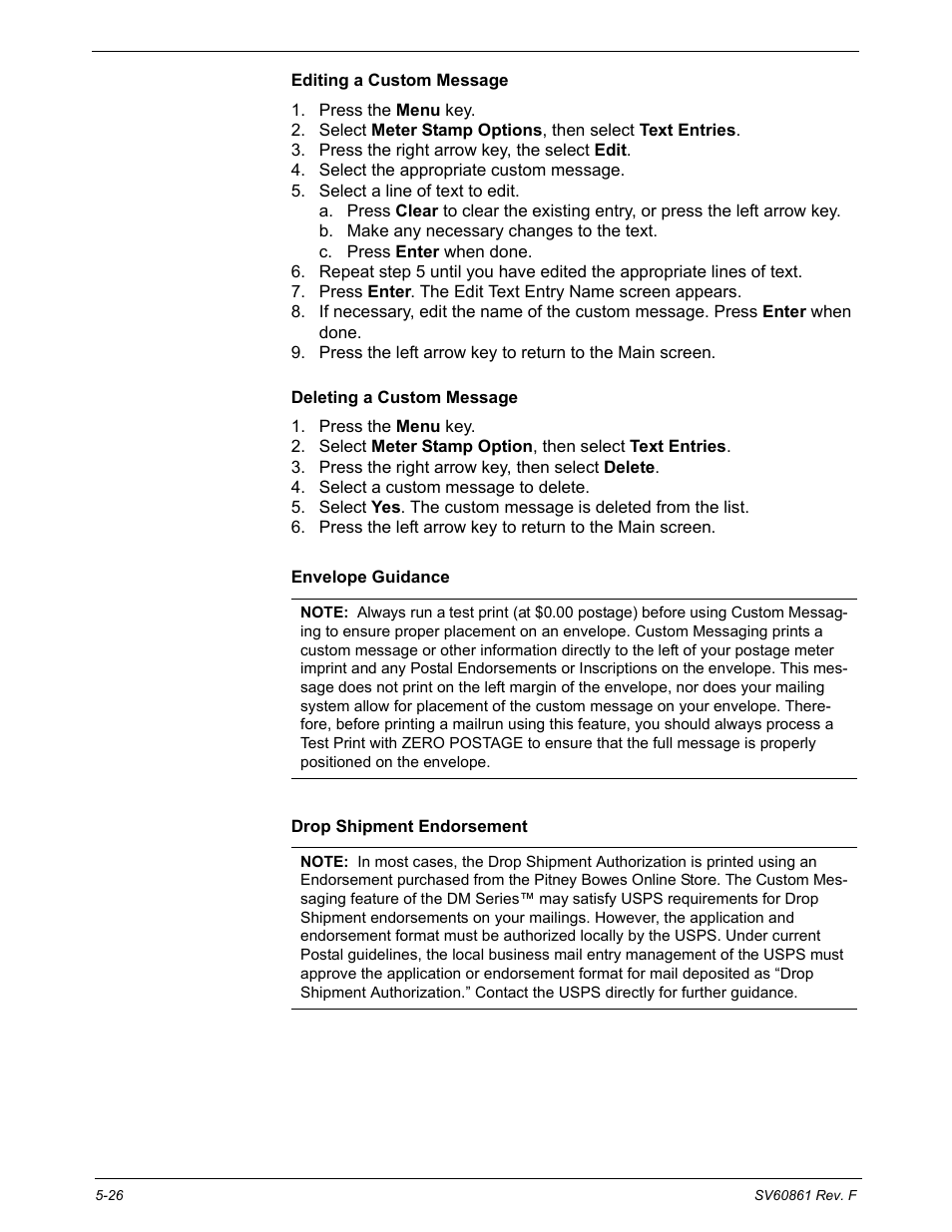 Editing a custom message, Deleting a custom message, Envelope guidance | Drop shipment endorsement | Pitney Bowes DM900 User Manual | Page 94 / 186