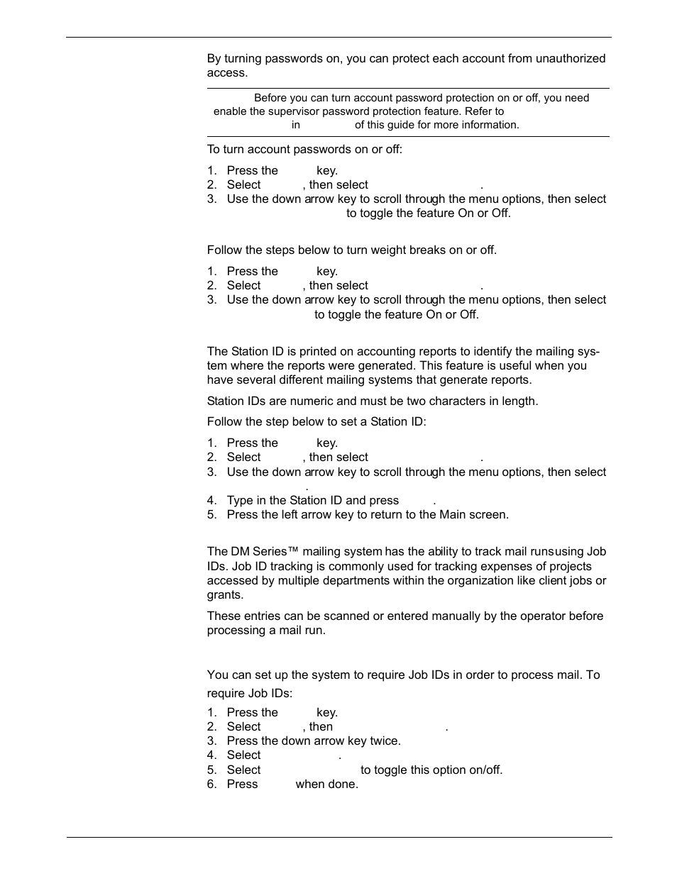 Turning inview™ account passwords on or off, Turning weight breaks on or off, Setting a station id | Selecting job id requirements, Requiring job ids | Pitney Bowes DM925 User Manual | Page 114 / 206