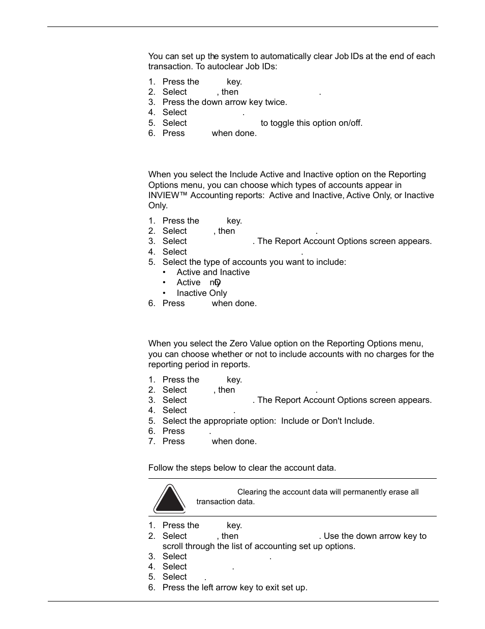 Autoclearing job ids, Reporting options, Including active and inactive accounts | Including zero values, Clearing account data | Pitney Bowes DM925 User Manual | Page 115 / 206