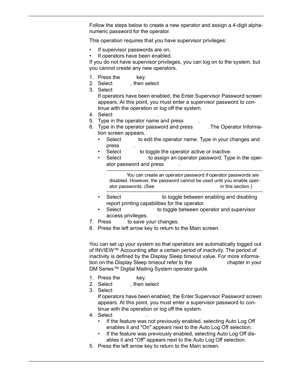 Creating operators, Setting operator auto log off | Pitney Bowes DM925 User Manual | Page 117 / 206