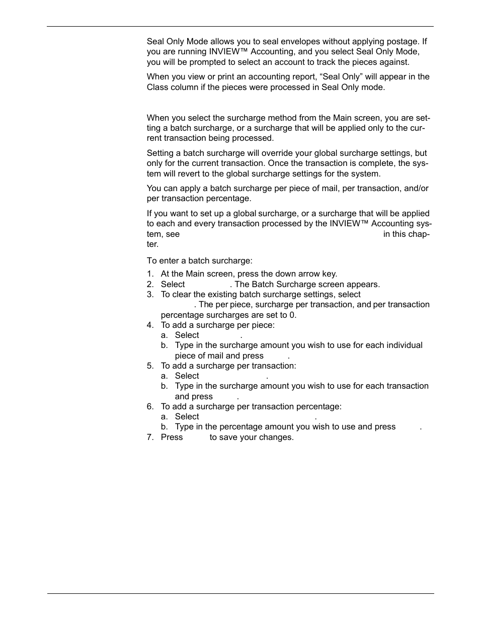 Selecting an account in seal only mode, Entering a batch surcharge | Pitney Bowes DM925 User Manual | Page 123 / 206