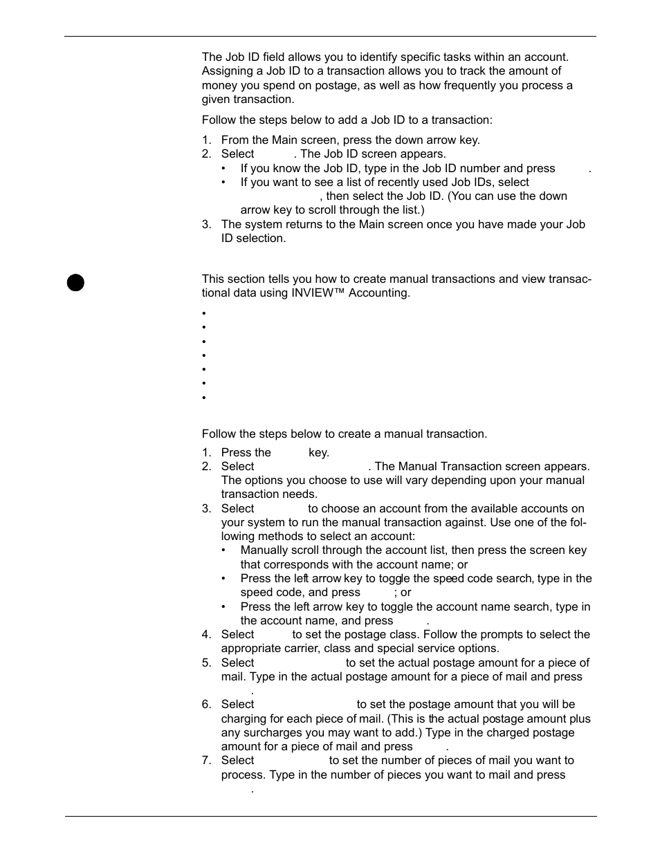 Selecting a job id, Transaction options, Entering manual transaction | Transaction options -18 | Pitney Bowes DM925 User Manual | Page 124 / 206