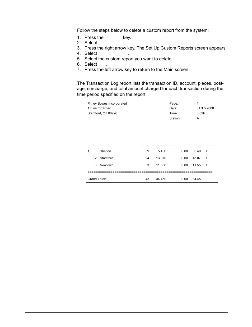 Deleting a custom report, Transaction log report, 7 • inview™ accounting | Pitney Bowes DM925 User Manual | Page 134 / 206