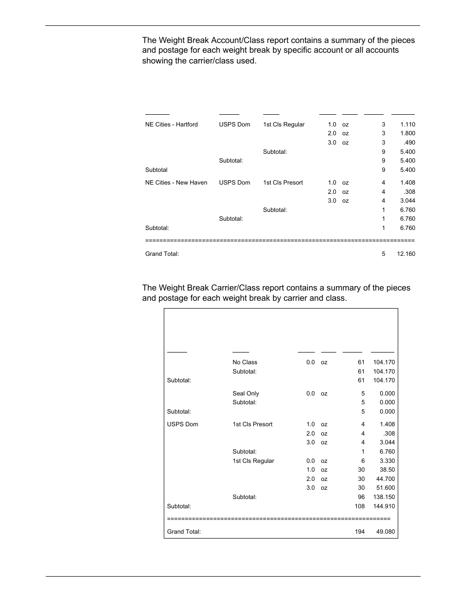Weight break account/class report, Weight break carrier/class report, Dm925™ digital mailing system operating guide | Pitney Bowes DM925 User Manual | Page 135 / 206
