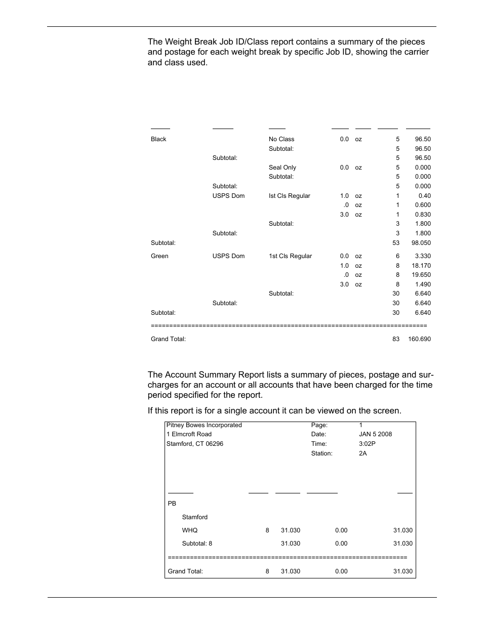 Weight break job id/class report, Account summary report, 7 • inview™ accounting | Pitney Bowes DM925 User Manual | Page 136 / 206