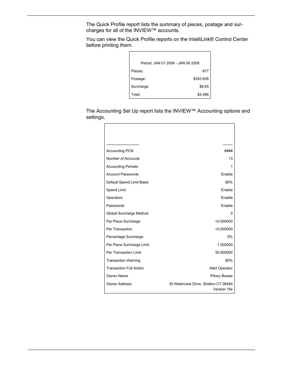 Quick profile report, Accounting setup report, Dm925™ digital mailing system operating guide | Pitney Bowes DM925 User Manual | Page 137 / 206