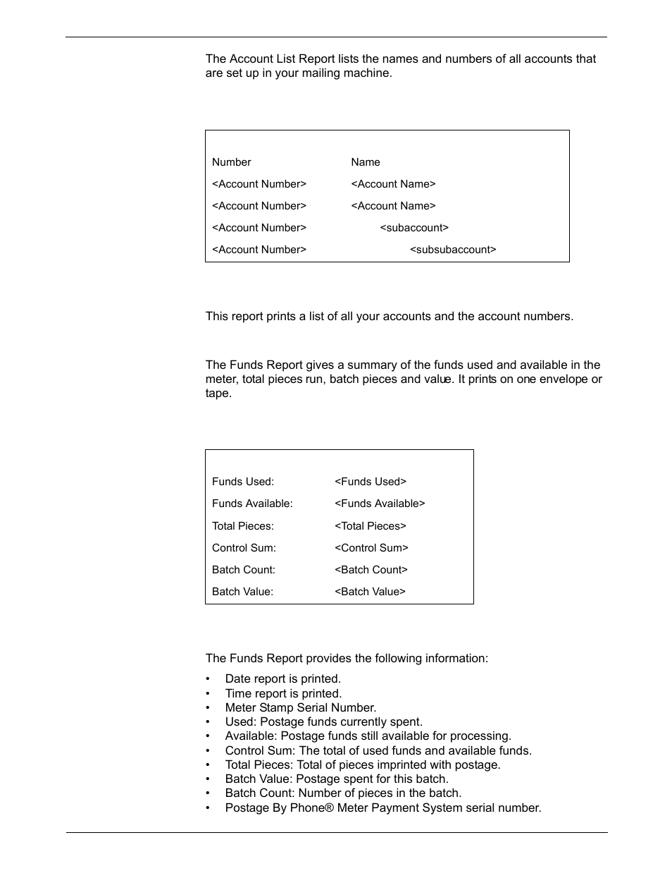 Account list report (external printer required), Funds report, Account list report (external printer required) -8 | Funds report -8 | Pitney Bowes DM925 User Manual | Page 148 / 206