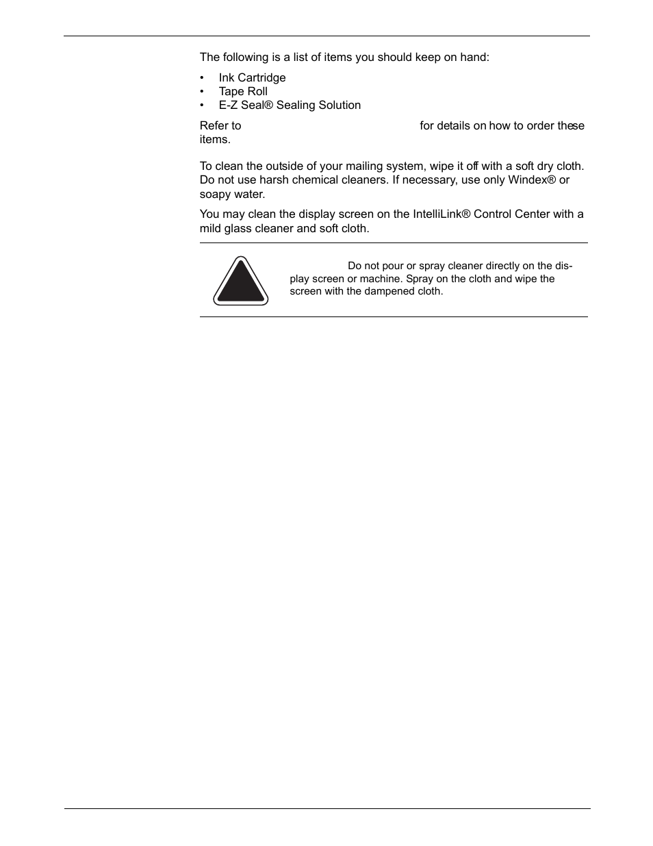 Items to keep on hand, Cleaning the exterior, Items to keep on hand -2 | Cleaning the exterior -2 | Pitney Bowes DM925 User Manual | Page 156 / 206