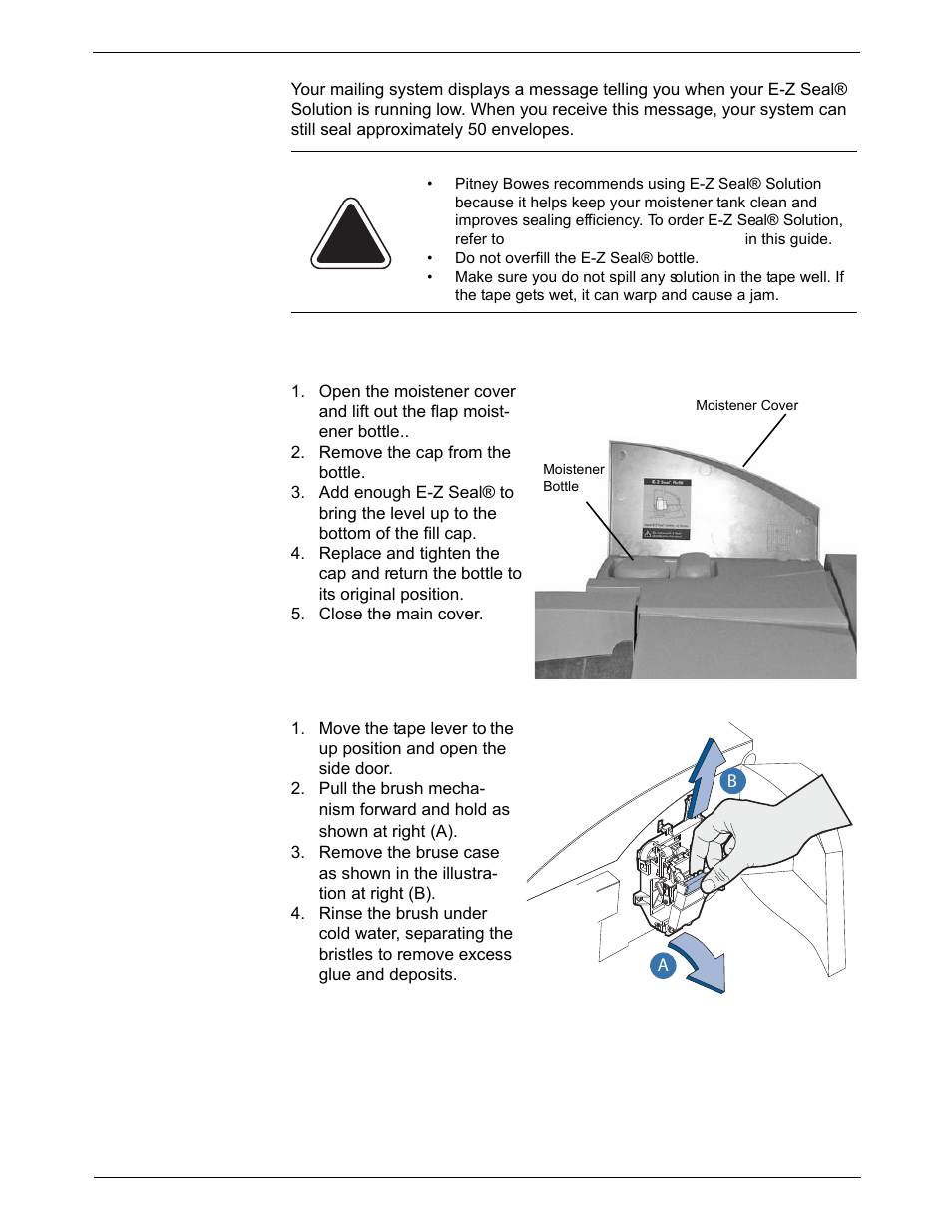 E-z seal® sealing solution maintenance, Filling the moistener bottle, Cleaning the moistener brush | E-z seal® sealing solution maintenance -4, E-z seal, Sealing  solution  maintenance | Pitney Bowes DM925 User Manual | Page 158 / 206