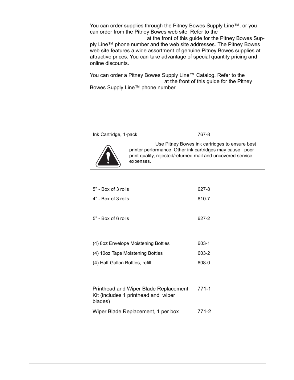 Ordering supplies, Ordering a pitney bowes supply catalog, Consumables you can order | Printhead kit and wiper blade replacement, Ordering supplies -2, Ordering a pitney bowes supply catalog -2, Printhead kit and wiper blade replacement -2, 11 • supplies and options | Pitney Bowes DM925 User Manual | Page 184 / 206