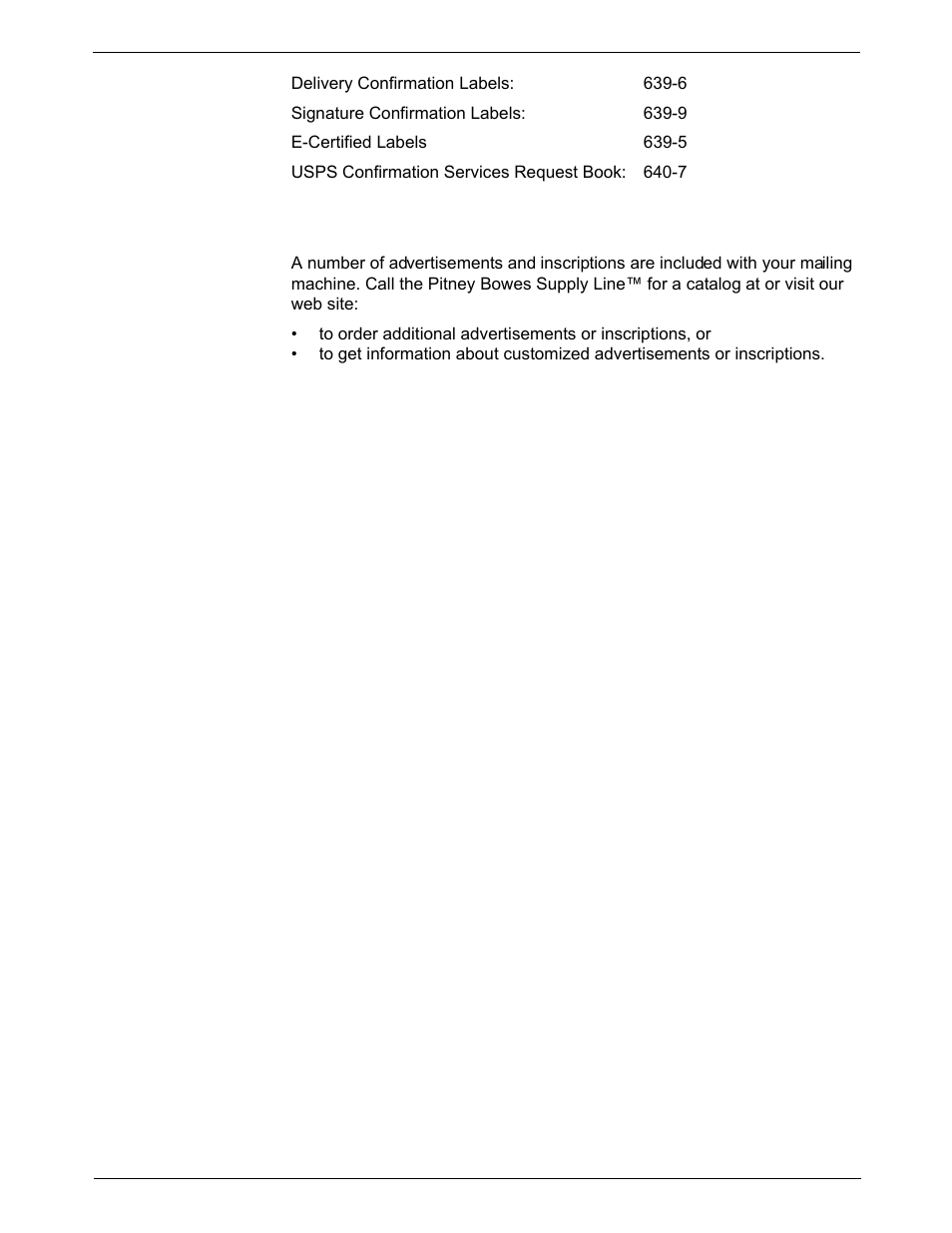 Usps confirmation services labels, Accessories you can order, Advertisements and inscriptions | Usps confirmation services labels -3, Accessories you can order -3 | Pitney Bowes DM925 User Manual | Page 185 / 206