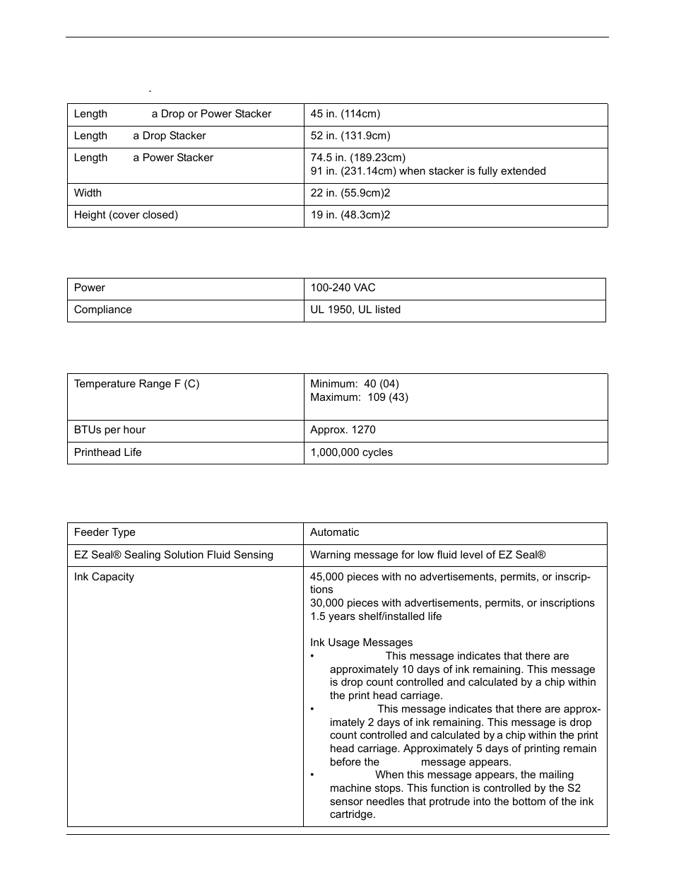 Equipment specifications, Power and compliance, Operating conditions | Capacities and features, Dimensions | Pitney Bowes DM925 User Manual | Page 188 / 206