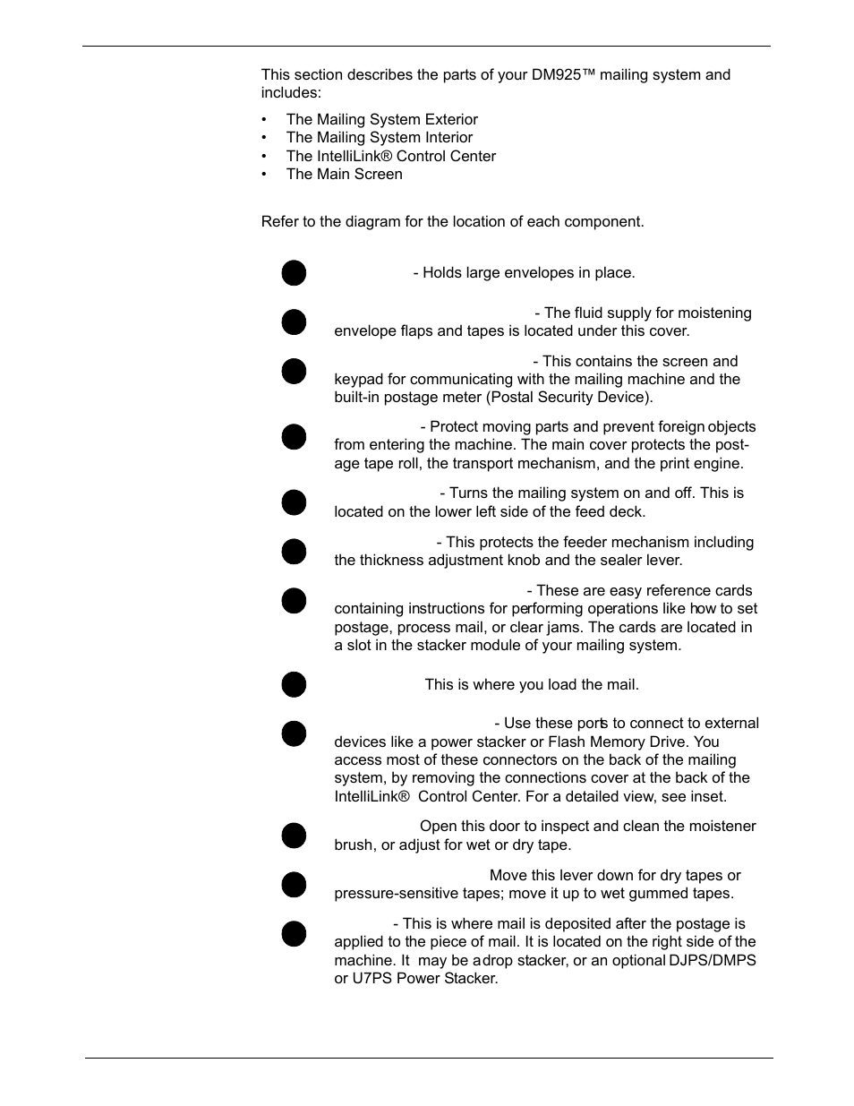 Parts of the mailing system, Mailing system exterior | Pitney Bowes DM925 User Manual | Page 21 / 206