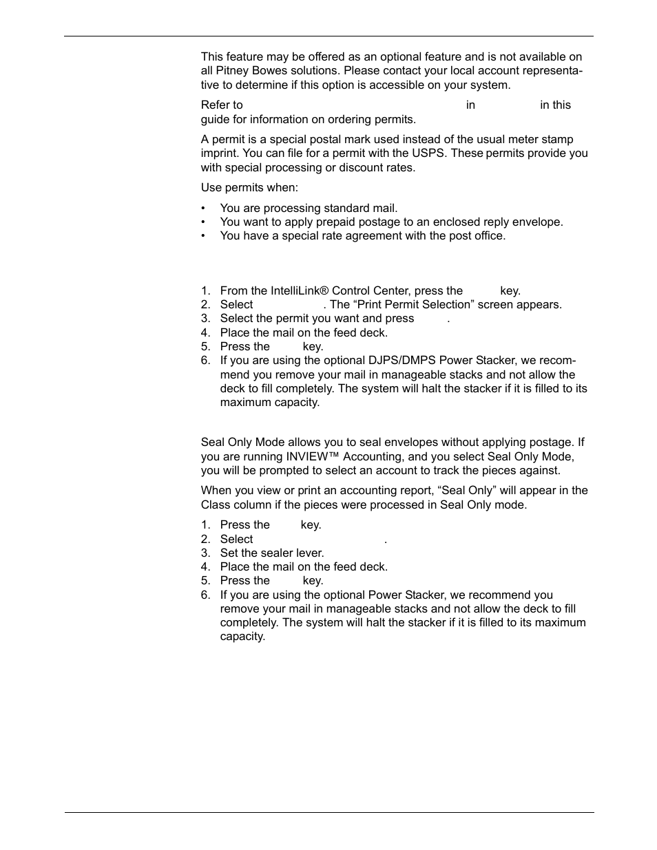 Mode selection: print permit, Mode selection: seal menu | Pitney Bowes DM925 User Manual | Page 47 / 206