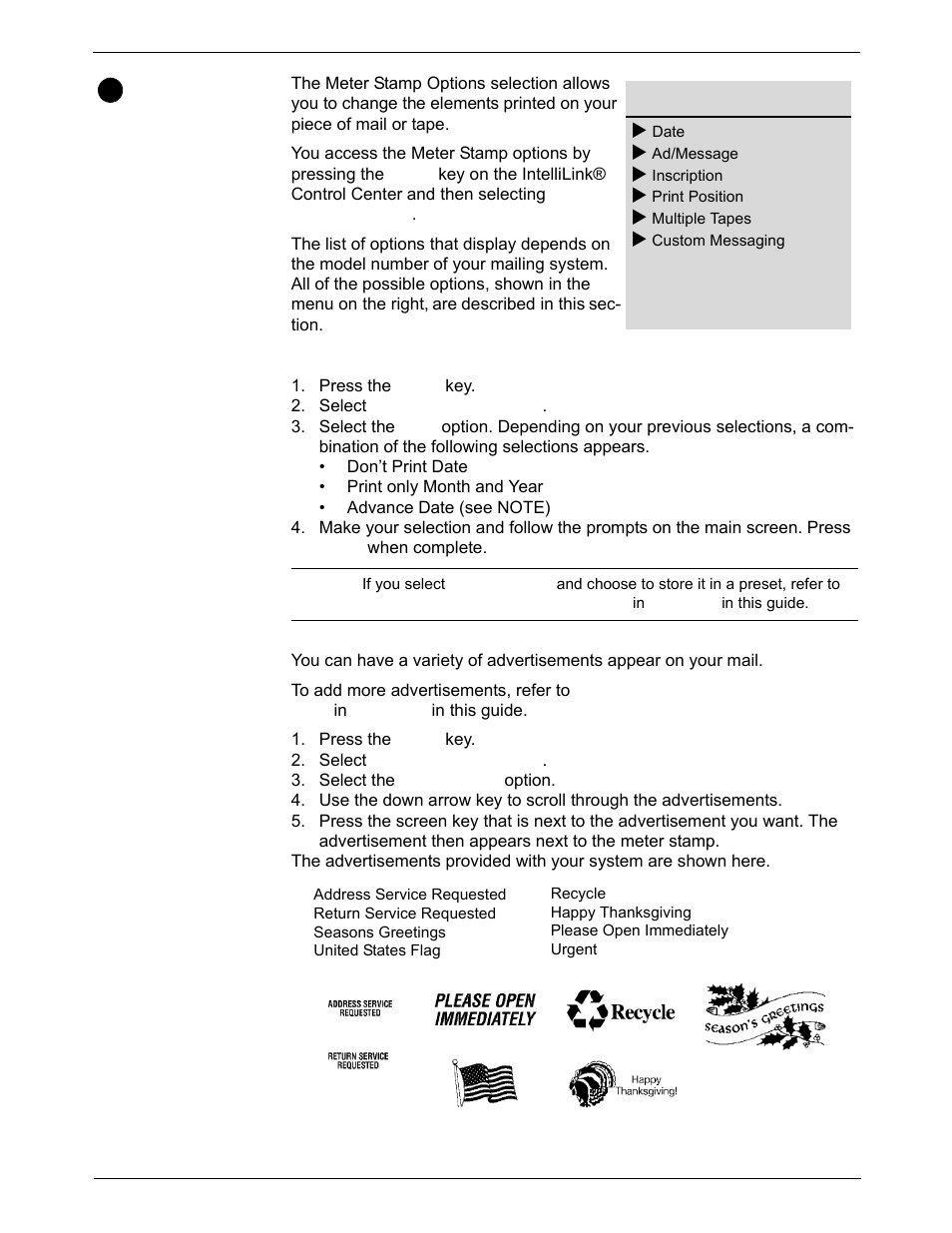 Selecting the meter stamp options, Meter stamp options: date, Meter stamp options: advertisement | Selecting the meter stamp options -21 | Pitney Bowes DM925 User Manual | Page 53 / 206