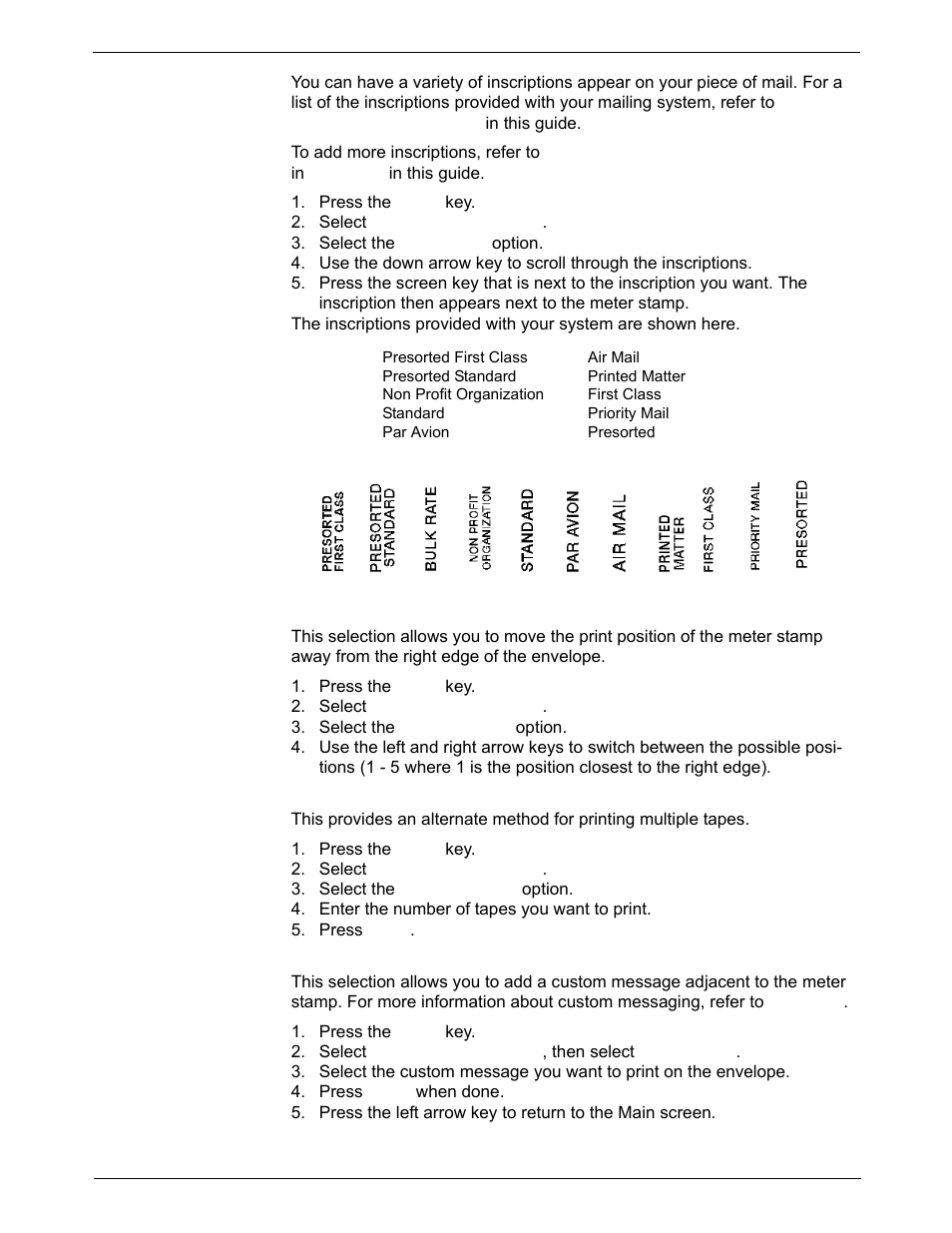 Meter stamp options: inscription, Meter stamp options: print position, Meter stamp options: multiple tapes | Meter stamp options: custom messaging | Pitney Bowes DM925 User Manual | Page 54 / 206