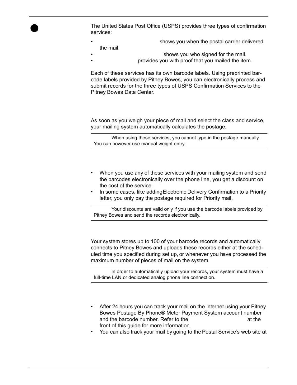 Using electronic confirmation services, Overview, Postage calculation for confirmation services | Discounts for confirmation services, Sending your records to pitney bowes, Tracking information on the internet, Using electronic confirmation services -23 | Pitney Bowes DM925 User Manual | Page 55 / 206