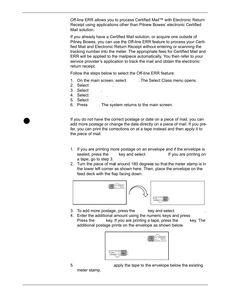 Off-line electronic return receipt (err), Adding postage or changing the date, Adding more postage | Adding postage or changing the date -33 | Pitney Bowes DM925 User Manual | Page 65 / 206