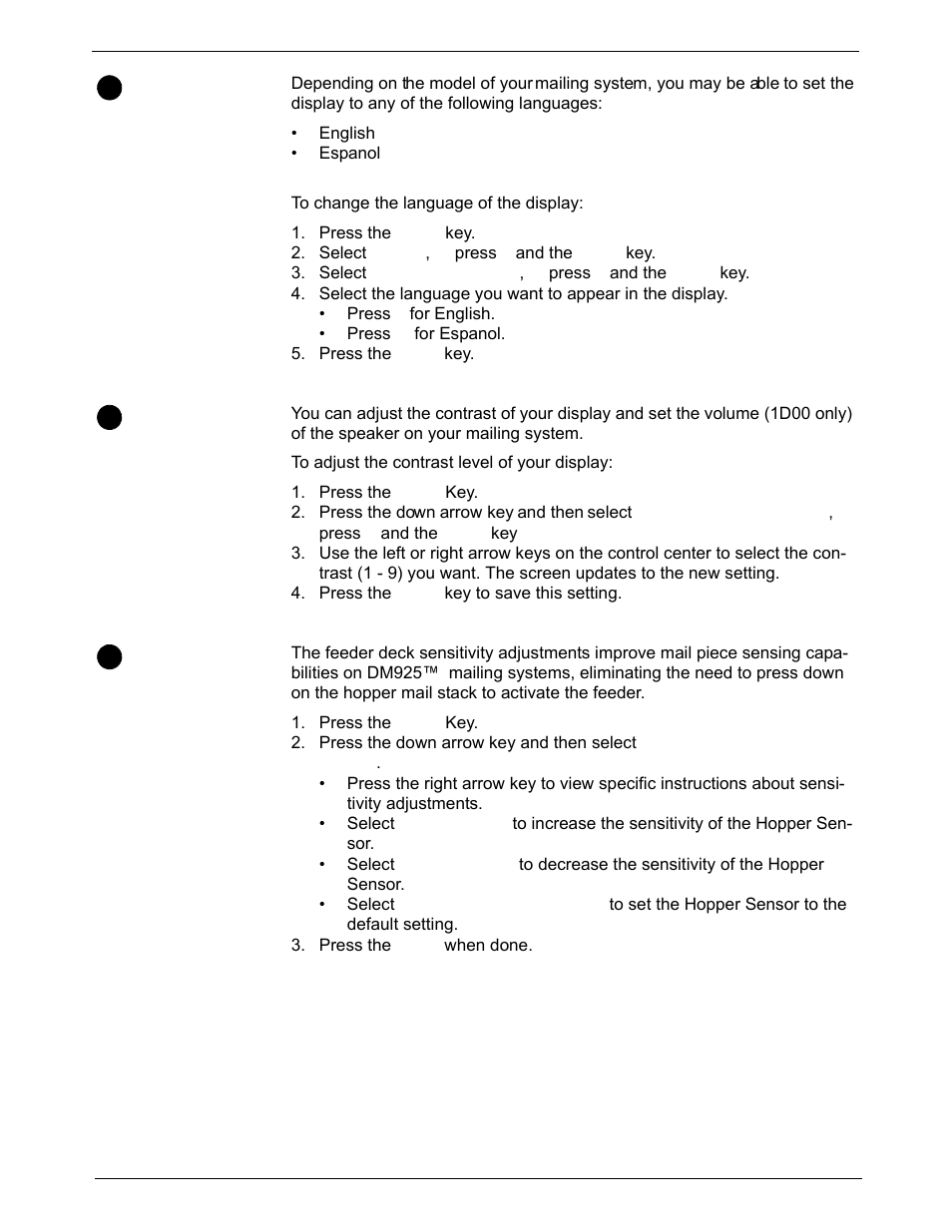 Setting the display language, Adjusting display contrast, Adjusting the feeder deck sensor | Setting the display language -4, Adjusting display contrast -4, Adjusting the feeder deck sensor -4 | Pitney Bowes DM925 User Manual | Page 70 / 206