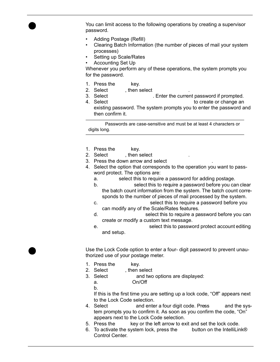 Setting up a supervisor password, Creating a supervisor password, Password protecting an operation | Setting up a lock code, Setting up a supervisor password -6, Setting up a lock code -6 | Pitney Bowes DM925 User Manual | Page 72 / 206