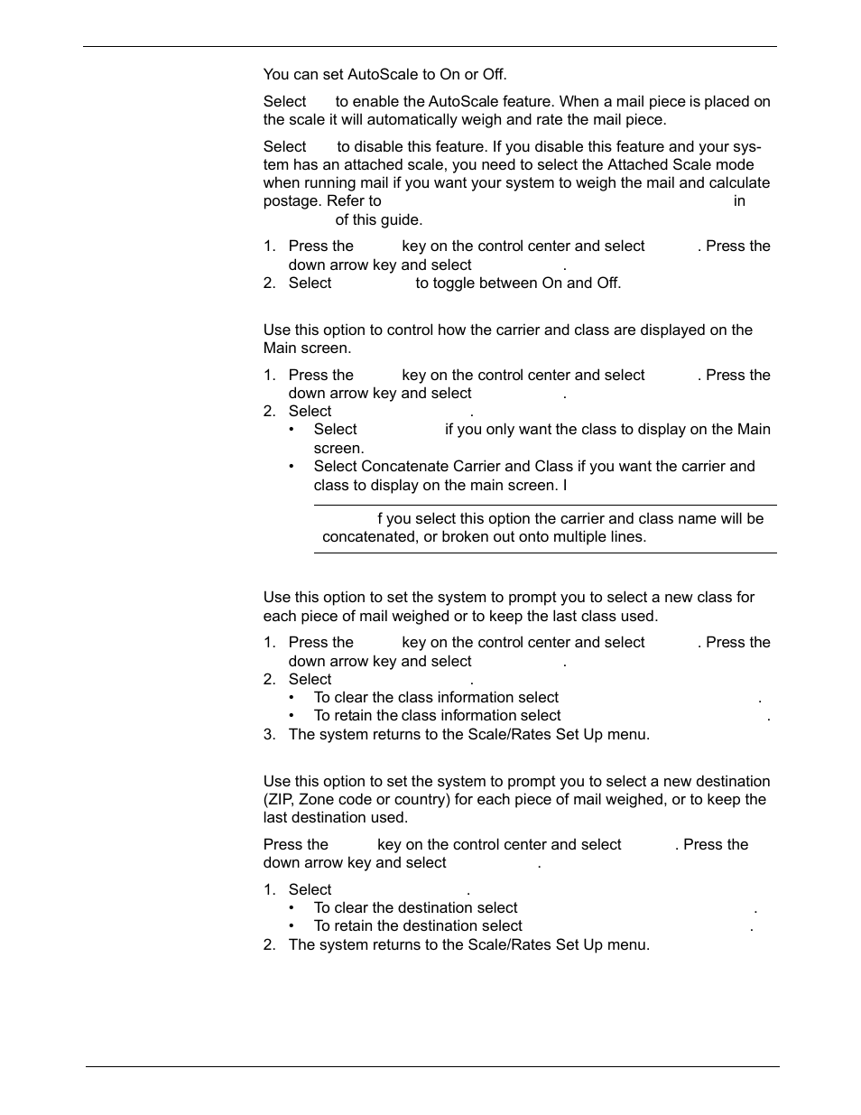 Scale/rates: autoscale, Scale/rates: carrier/class display, Scale/rates: class if new piece | Scale/rates: destination if new piece | Pitney Bowes DM925 User Manual | Page 74 / 206