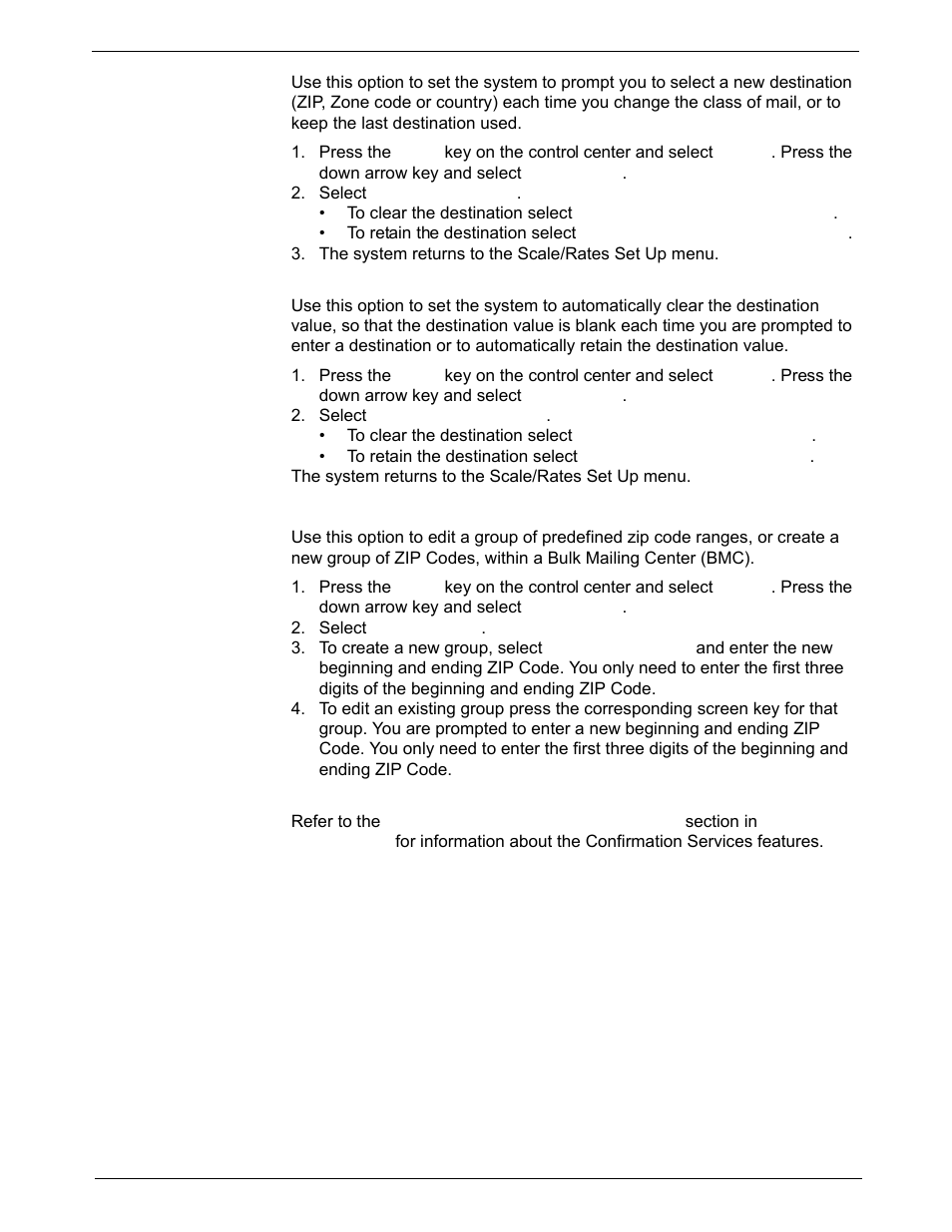 Scale/rates: destination if new class, Scale/rates: autoclear destination value, Scale/rates: bmc intra zip | Scale/rates: confirm svc | Pitney Bowes DM925 User Manual | Page 75 / 206