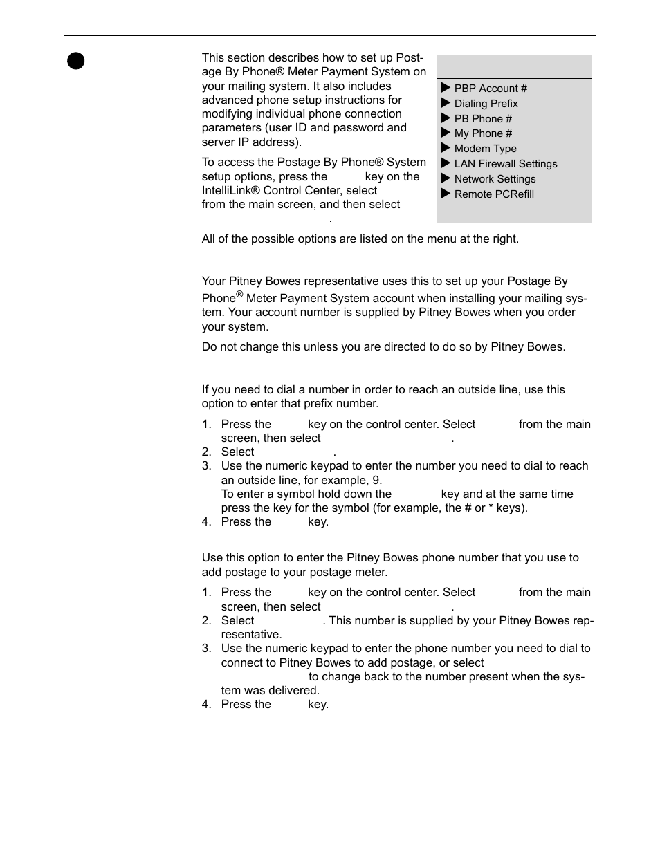 Setting up postage by phone® meter payment system, Phone/network set up: pbp account, Phone/network set up: dialing prefix | Phone/network set up: pb phone | Pitney Bowes DM925 User Manual | Page 80 / 206