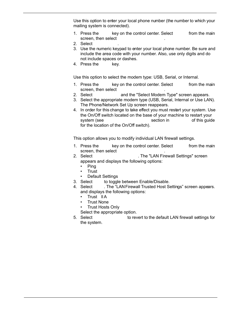 Phone/network set up: my phone, Phone/network set up: modem type, Phone/network set up: use lan firewall settings | Pitney Bowes DM925 User Manual | Page 81 / 206