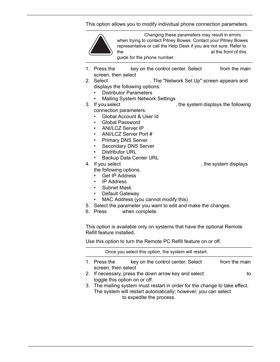 Phone/network set up: network settings, Phone/network set up: remote pc refill | Pitney Bowes DM925 User Manual | Page 82 / 206