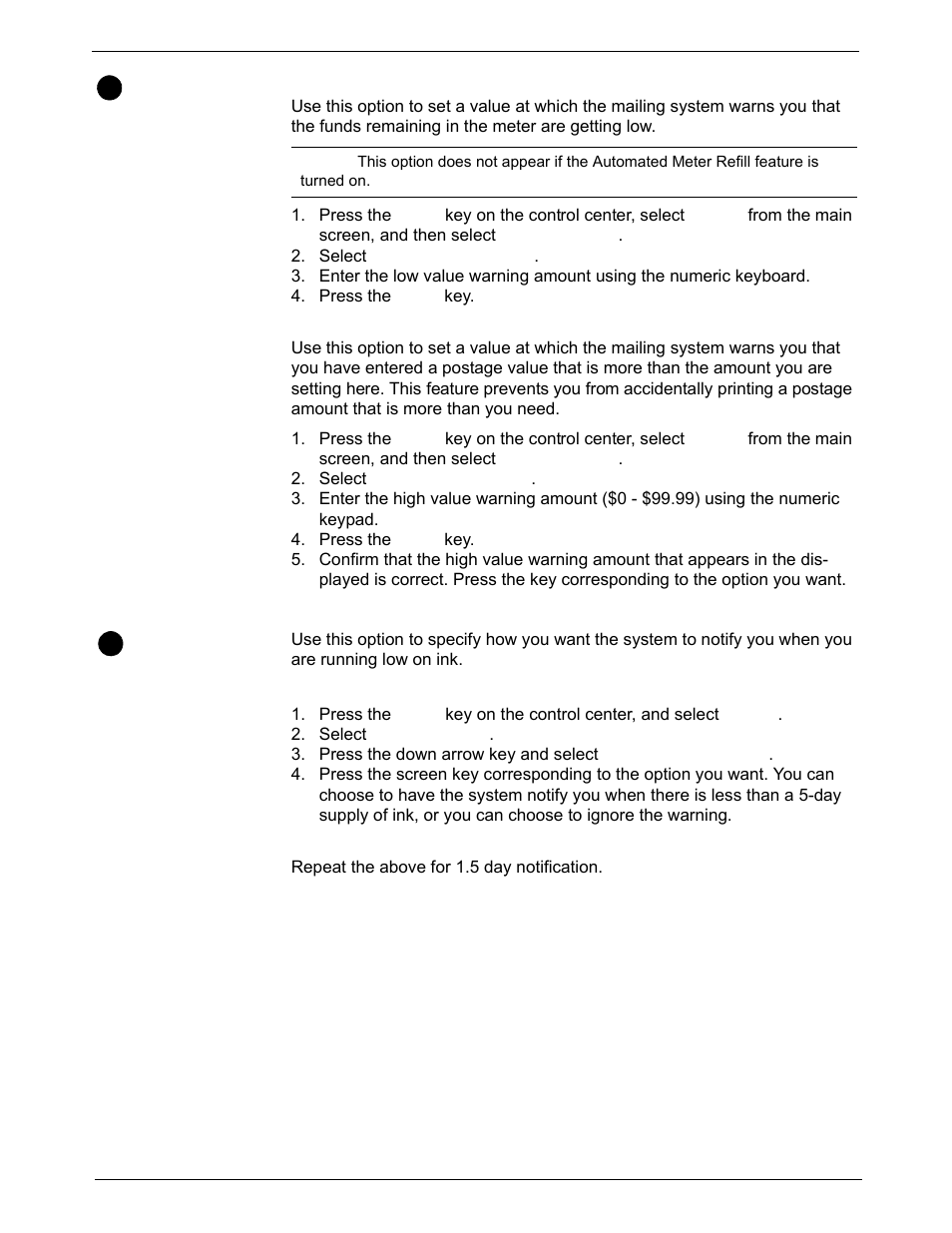 Configuring high/low funds warning, Setting the low funds warning value, Setting the high value warning for key in postage | Configuring low ink warning, 1st low ink warning, 2nd low ink warming, Configuring high/low funds warning -17, Configuring low ink warning -17 | Pitney Bowes DM925 User Manual | Page 83 / 206