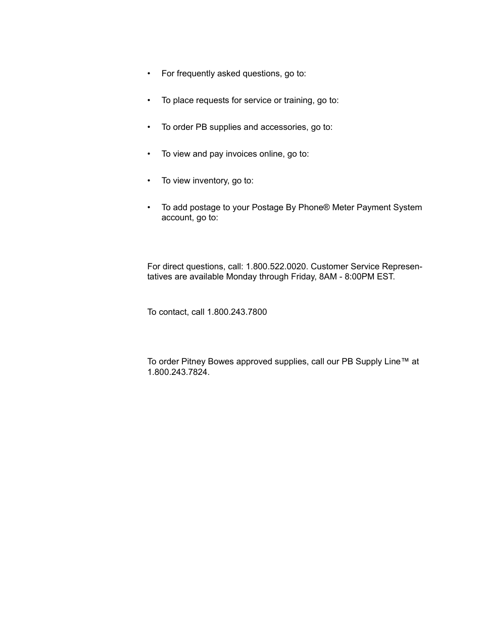 Pb web sites, Our help desk, Postage by phone® system | Pitney bowes supplies, Pitney bowes contact information list | Pitney Bowes DM925 User Manual | Page 9 / 206