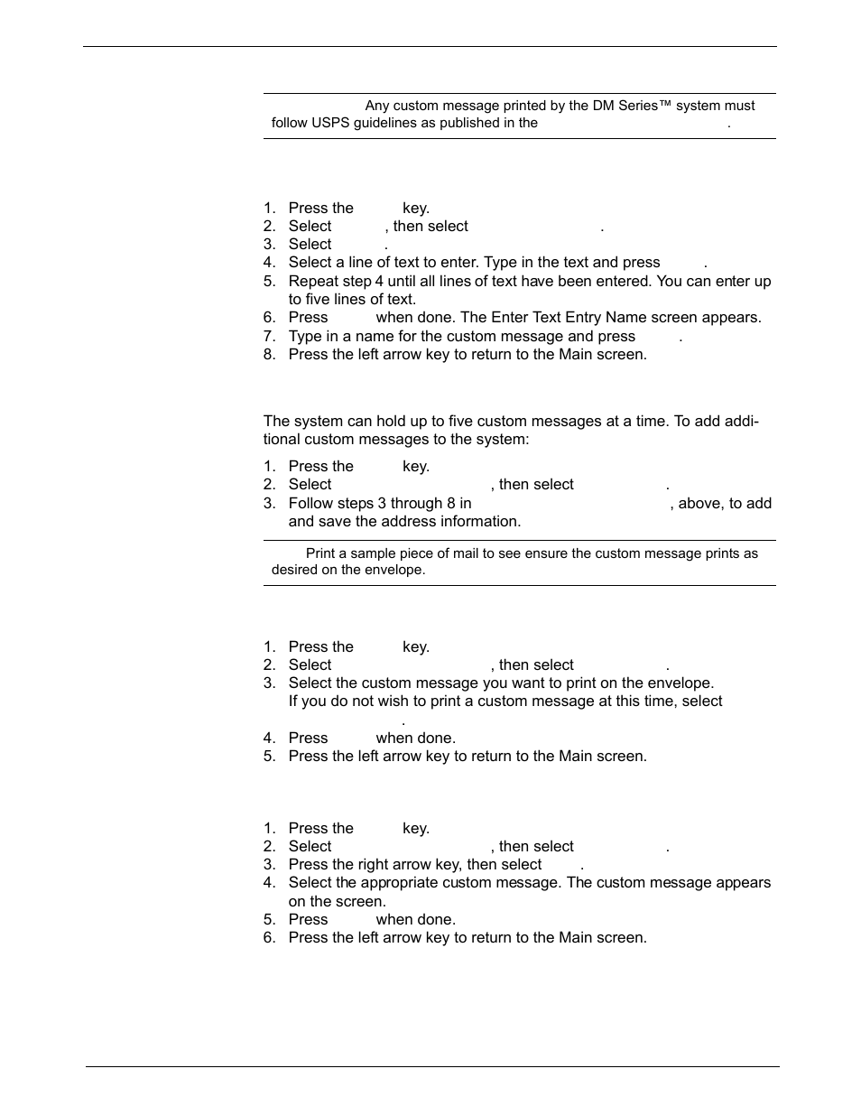 Postal rules and guidance, Creating a custom message for the first time, Adding additional custom messages | Selecting/deselecting a custom message, Viewing a custom message | Pitney Bowes DM925 User Manual | Page 91 / 206